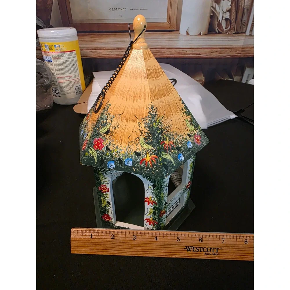 Hand Painted Wooden Birdhouse Floral Cottage Garden Decor Hexagon Hanging 12in